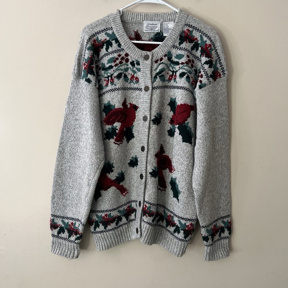 Vintage 1990s Northern Treasures Grandma Wool Blend Sweater Cardigan Birds Large